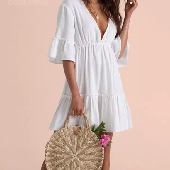 NEW White Boho Mini Dress - Picture 6 of 8